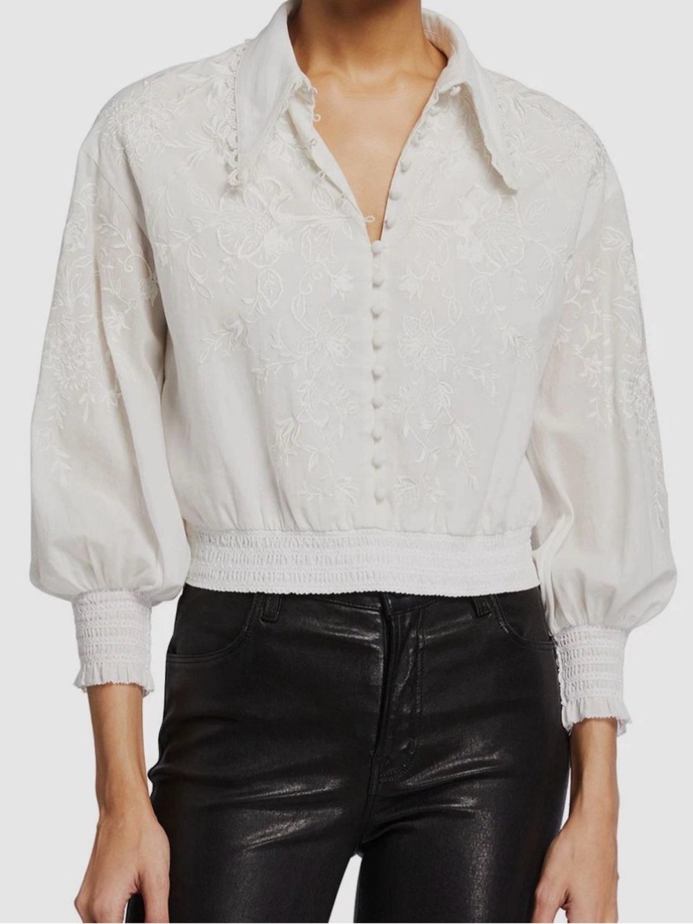 Alice + Olivia White Onella Embroidered Button Down  Smock Waist Blouse Size M